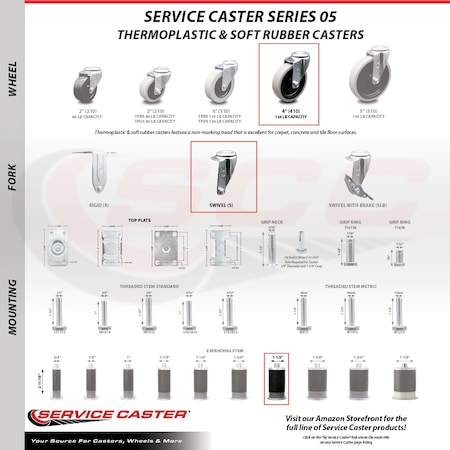 Service Caster 4 Inch Thermoplastic Wheel 1-1/2 Inch Expanding Stem Caster Set with 2 Brakes SCC-EX05S410-TPRS-112-2-SLB-2